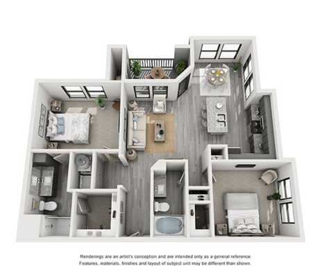 Floor plan for 2 beds, 2 baths, 1041 sqft
